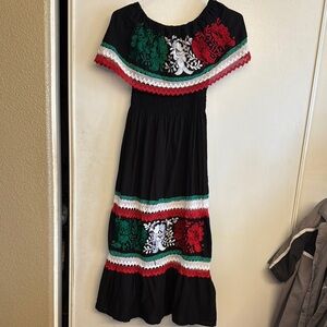 Black Dress with Red, Green, and White Embroidery